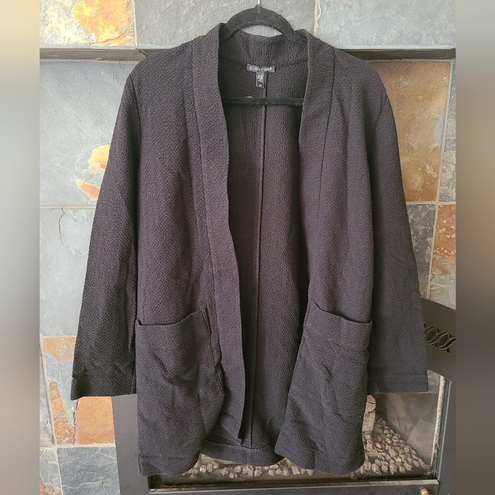 Eileen Fisher Black COTTON CHEVRON BLEND LONG CARDIGAN STYLE JACKET tencel small
